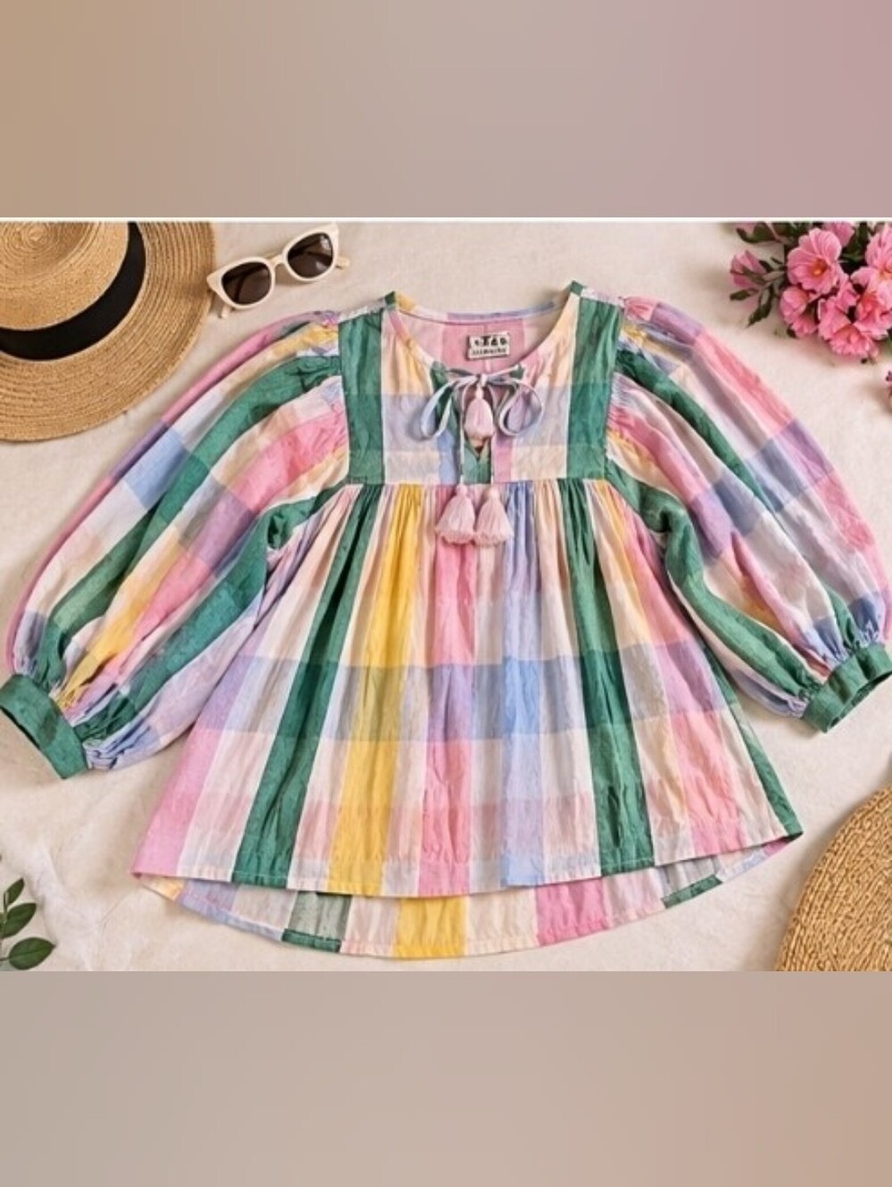 Mille Resort & Travel Blouse XS Cotton Linen Pastel Plaid Tassel Boho Top
